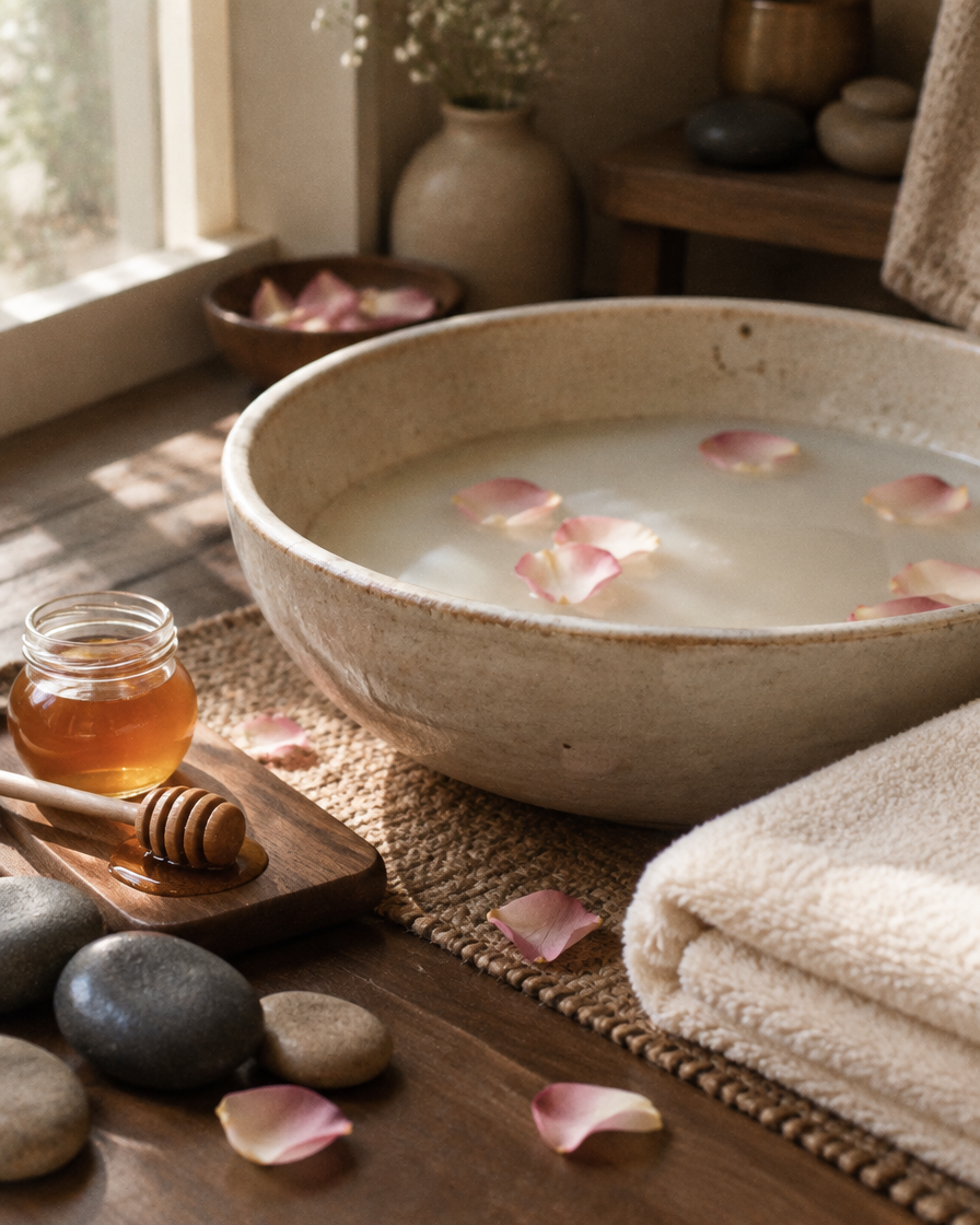 Warm spa pedicure soak with rose petals, honey, towels and massage stones
