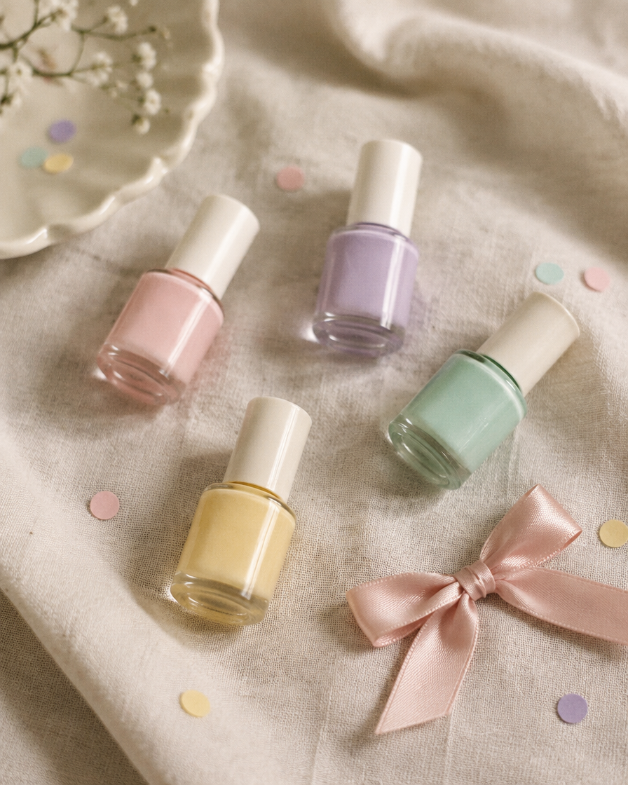 Pastel pink, purple, mint and yellow nail polish for kids services