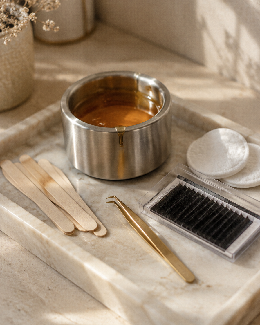 Waxing and lash service essentials with warm wax, applicators and lash extensions